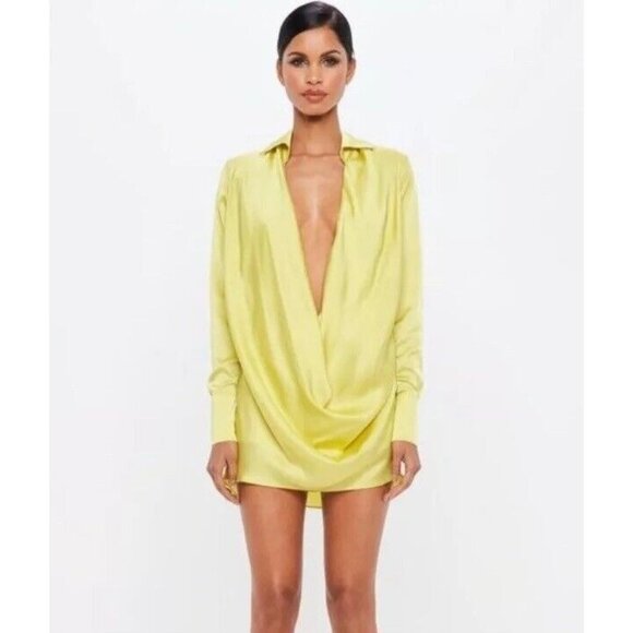 Missguided Peace & Love Satin Cowl Chartreuse Yellow Mini Satin Dress US 6 NWT‎ - Picture 1 of 16
